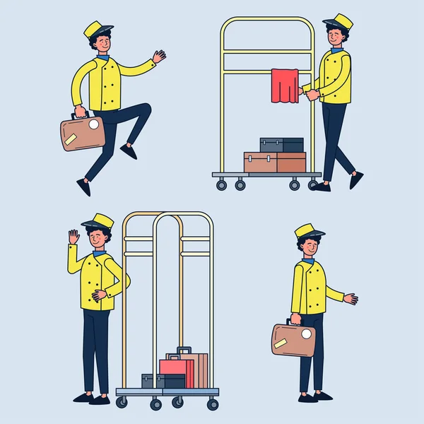 Bellboy Hotel Service Luggage Trolley Carrying Suitcases Bellboy Hotel Worker — Stock Vector