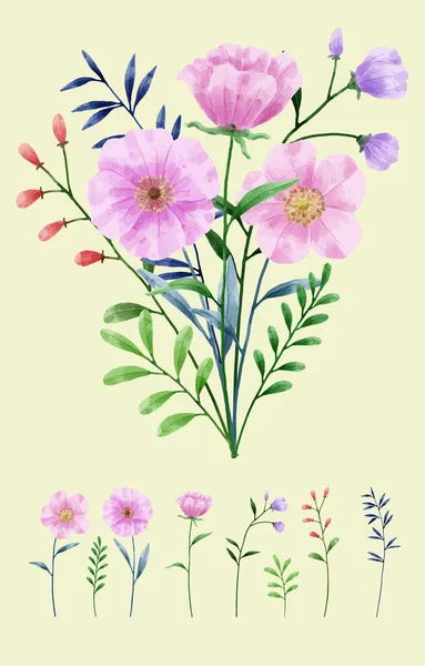Μια Σειρά Από Λουλούδια Ζωγραφισμένα Ακουαρέλες Για Συνοδεύουν Διάφορες Κάρτες — Διανυσματικό Αρχείο