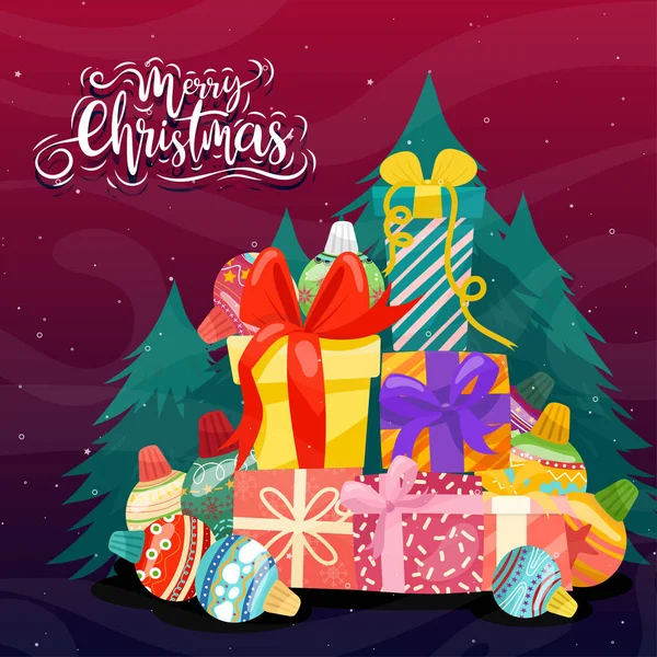 Feliz Navidad Con Coloridas Cajas Regalo Fondo Pino — Vector de stock