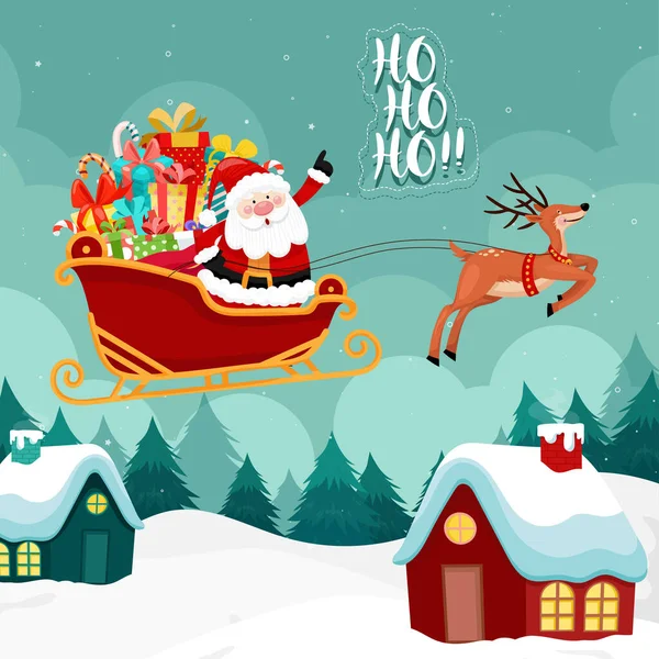 Feliz Tarjeta Navidad Con Santa Debe Montar Trineo — Vector de stock