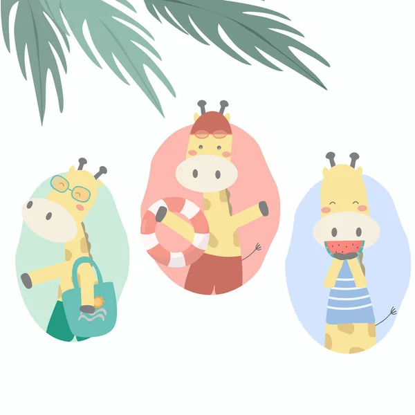 Set Giraffe Fun Activity Island Summer Holidays Hand Drawn Style — 图库矢量图片