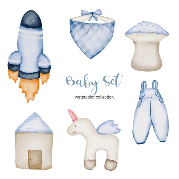 Parçaları ayırın ve güzel kıyafetleri, bebek eşyalarını ve oyuncakları beyaz arkaplanda sulu renk tarzında, suluboya vektör çiziminde bir araya getirin.