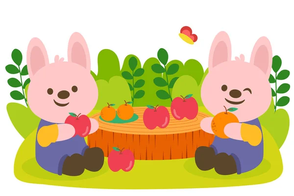 兔子夫妇在公园里嬉皮士 他们喜欢一起吃水果 动物卡通人物 病媒图解 — 图库矢量图片