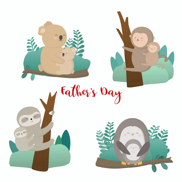 クマ猿スロース鳥父の日に息子と幸せ彼らはお互いに喜んで抱き合った 彼の子供は無事だった ベクトル平図 — ストックベクタ