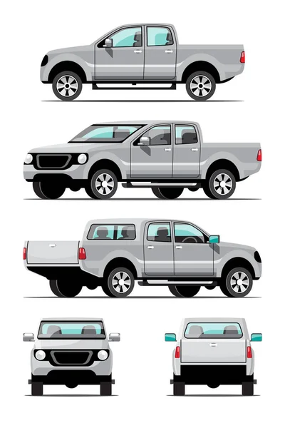 Bundle Set Grey Color Pickup Truck Side Front Back View — 스톡 벡터