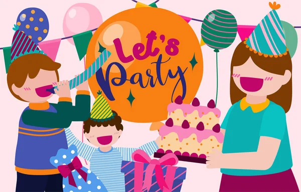 Cartoon birthday party people. Man and woman has birthday party at home. Birthday party decoration with balloon and shoot colorful confetti. Party has food, drink and cake. Celebration Cartoon vector illustration in flat style