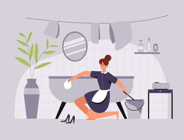 Personal Limpieza Está Fregando Baño Con Paño Cepillo Ilustración Vectorial — Vector de stock