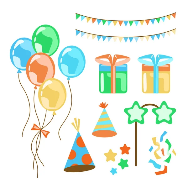 Big Bundle Isolated Vector Elements Birthday Party Decoration Calibration Flat — Stock Vector