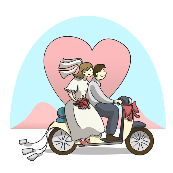 Vector Illustration Love Couple Scooter Nature Heart Shape Background Cartoon — 스톡 벡터