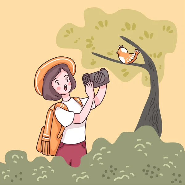 Traveler Teenage Female Backpack Use Camera Take Photo Bird Tree — 图库矢量图片