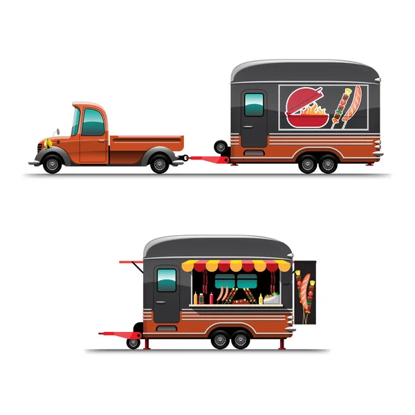 Trailer Food Truck Side View Counter Barbecue Grill Large Model — Stock Vector