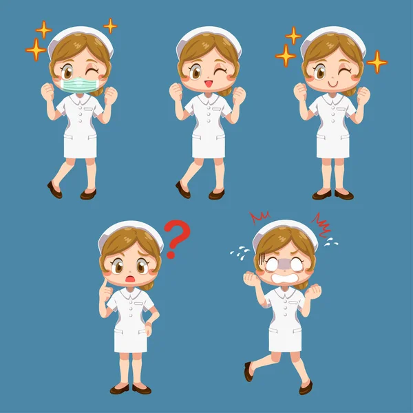 Set Von Glücklichen Frau Krankenschwester Uniform Mit Verschiedenen Schauspielern Cartoon — Stockvektor
