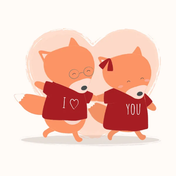 Vector Illustration Fox Holding Each Other Hand Heart Background Two — 스톡 벡터