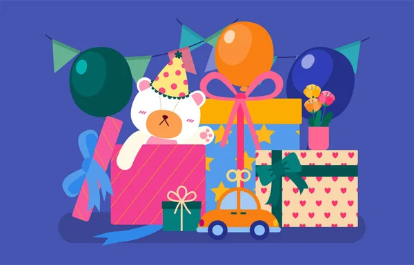 卡通生日快乐派对的背景和背景 设计彩色气球 礼品盒和彩色照片的模板 用于海报 邀请庆祝漫画矢量插图 — 图库矢量图片