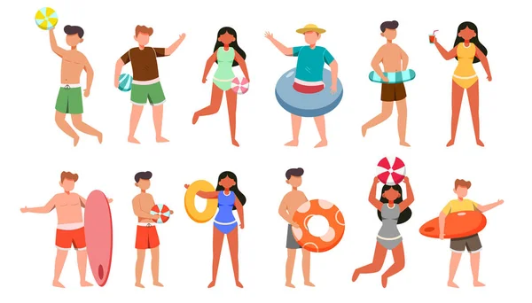 水着姿の男女12人のキャラクターと白い背景の資産を持つポーズの束 ベクトル図平面デザイン — ストックベクタ