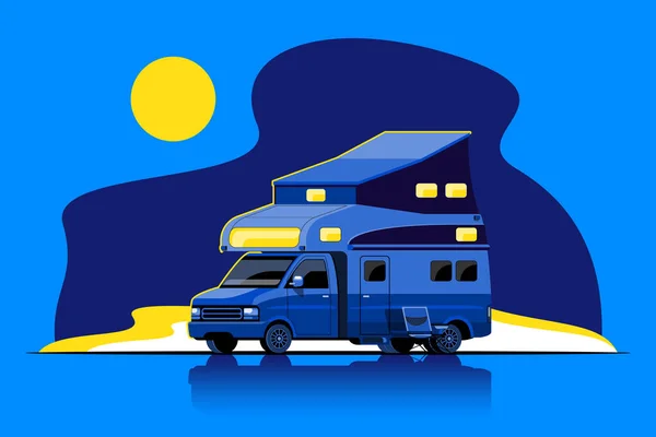 Bundle Set Camping Trailers Travel Mobile Homes Caravan Night Scene — Stock Vector