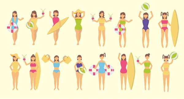 Bundle Female Characters Bathing Suits Poses Assets Yellow Background Vector — Image vectorielle