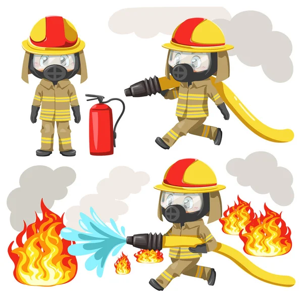 Set Young Man Wearing Firefighter Uniform Protection Toxic Mask Standing — Stock Vector