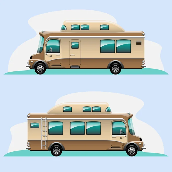 Vista Lateral Del Camping Autobuses Casas Móviles Viaje Caravana Sobre — Vector de stock