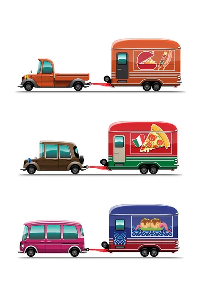 Conjunto Remolque Food Truck Con Parrilla Bar Pizza Tienda Comida — Vector de stock