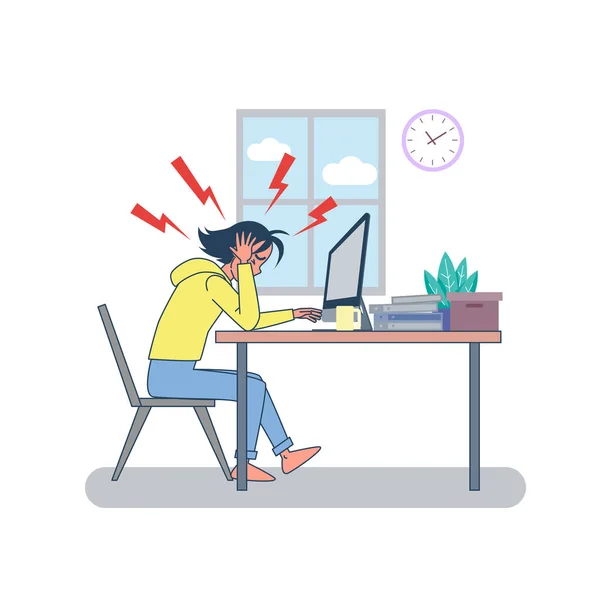 Big Isolated Young Woman Work Table Laptop Depressed Thinking Creative — Stock Vector