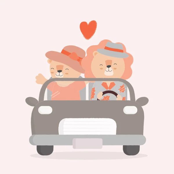Two Cute Lion Couple Driving Car Heart Background Love Back — Archivo Imágenes Vectoriales