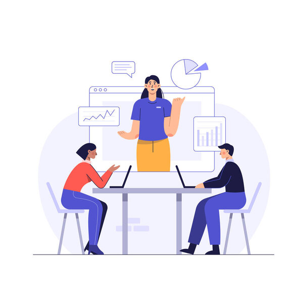 Онлайн-бизнес-встречи помогают бизнесу в глобальной среде пандемии коронавируса. Персонал представляет план посредством видеозвонка. векторная иллюстрация плоская конструкция