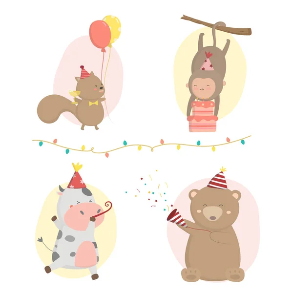 Monkey Cow Bear Squirrel Birthday Party Preparation Together Decorated Venue — Stockový vektor