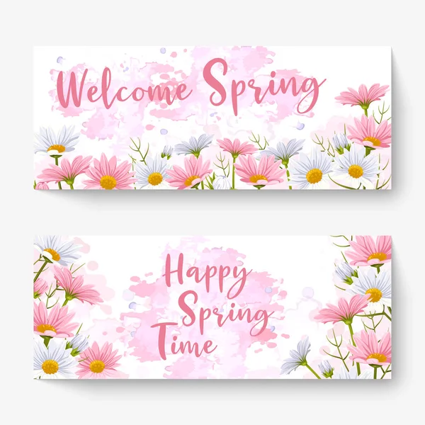 Два Весенних Баннера Пастельным Цветом Добро Пожаловать Весна Счастливое Весеннее — стоковый вектор