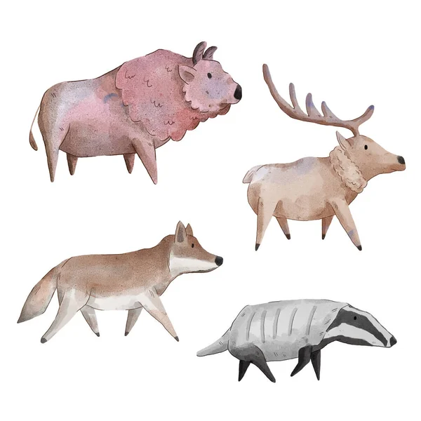 Este Conjunto Aquarela Animais Composto Por Espécies Animais Vacas Bisões — Vetor de Stock