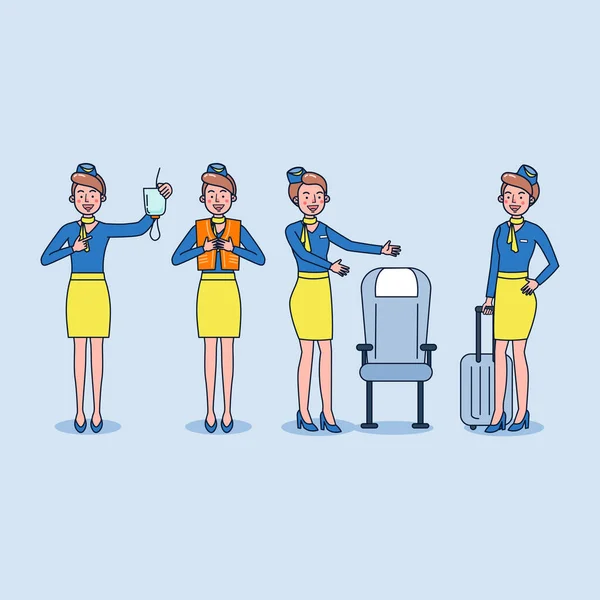 Cartoon Personage Ontwerp Set Van Een Begeleider Stewardess Blauw Geel — Stockvector