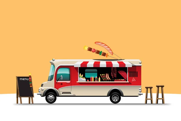 Camion Alimentaire Sur Côté Avec Menu Barbecue Chaise Bois Grand — Image vectorielle