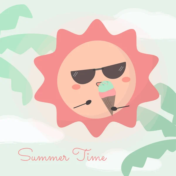 Cute Sun Usar Gafas Sol Comer Helado Relajarse Playa Ilustración — Vector de stock