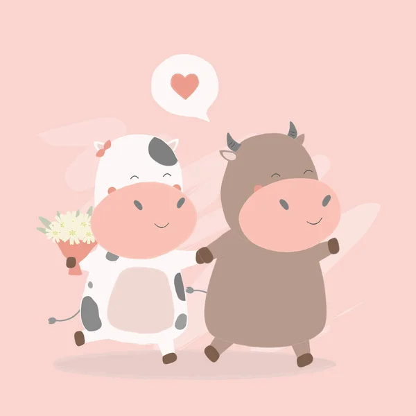 Vector Illustration Two Happy Cow Walking Each Other Flowers Hand — Stock vektor