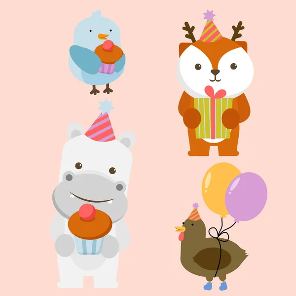 Ensemble Animaux Costumes Fête Nouvel Avec Oiseau Écureuil Hippopotame Poulet — Image vectorielle