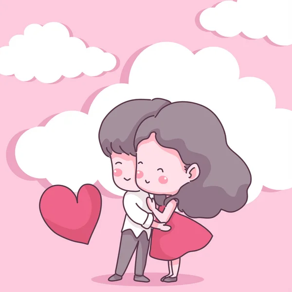 愛の中の大きな孤立したカップル 愛の中の幸せな若い女の子と男の子 漫画スタイルでバレンタインコンセプトフラットベクトルイラスト — ストックベクタ