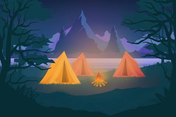 Nuit Nature Nature Aventure Camping Illustration Vectorielle Cartoon Camp Touristique — Image vectorielle