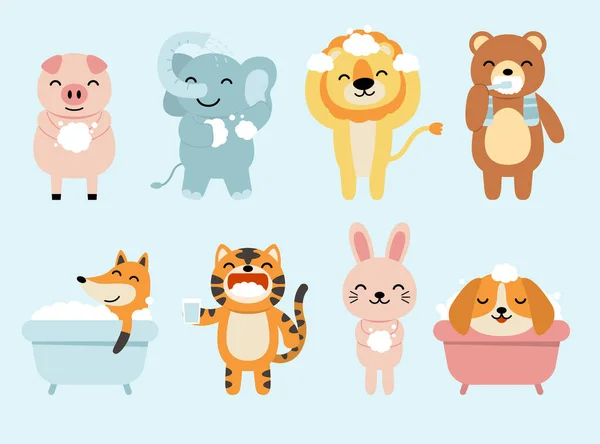 Big Set Isolated Animals Vector Collection Activity Bathing Funny Animals — Stockový vektor