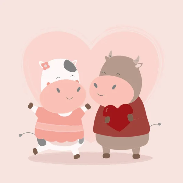 Couple Cow Getting Closer Each Other Heart Shape Background Happy — Stock vektor