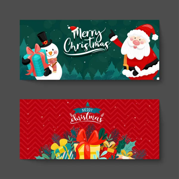 Joyeux Noël Carte Avec Père Noël Bonhomme Neige Boîte Cadeau — Image vectorielle