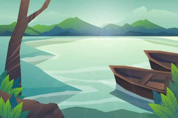 带湖泊和船体的森林自然景观 — 图库矢量图片