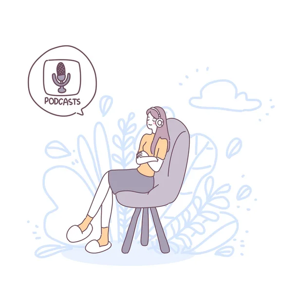 Girl Sitting Sofa Using Podcast — 图库矢量图片