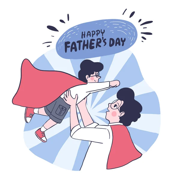 父の日の父はすべての少年のスーパーヒーローです 父と息子は父の日に白いシャツ 灰色のズボンと赤いショールを着ていました ベクトル平図 — ストックベクタ