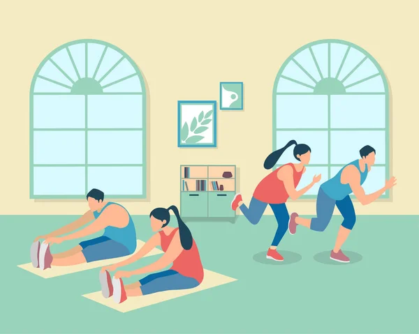 Healthy Young Group People Practicing Yoga Vector Illustration Workout Exercise — Stock vektor