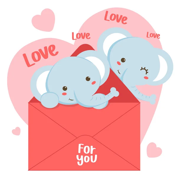 Couple Éléphant Mignon Avec Enveloppe Cœur Amoureux Des Animaux Bande — Image vectorielle