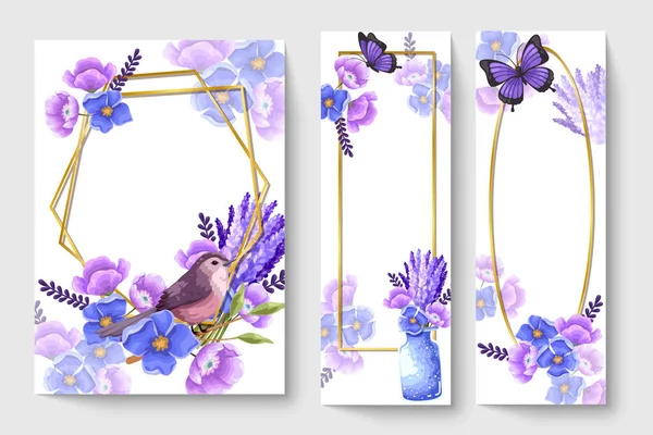 Botanic Card Purple Flowers Leaves Bird Spring Ornament Concept Floral — Stok Vektör