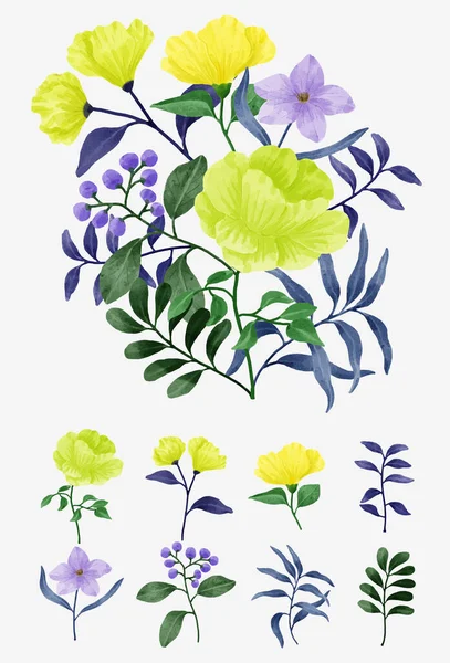 Набір Квітів Пофарбованих Акварель Різних Листівок Вітальних Листівок — стоковий вектор