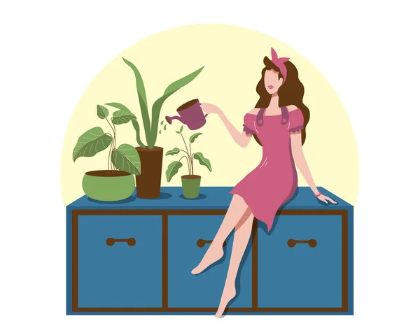 Gran Estilo Dibujos Animados Aislados Feliz Actividad Jardinería Mujer Joven — Vector de stock