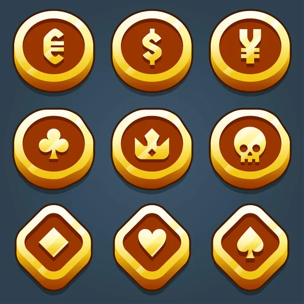 Красочная Игра Иконки Набор Золотых Монет Различными Символами Анимацией Изолированные — стоковый вектор