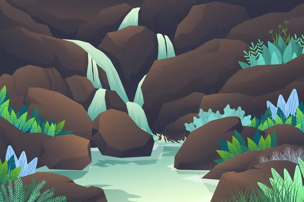 Paisaje Natural Con Cascada Del Vector Rocas Montaña — Archivo Imágenes Vectoriales